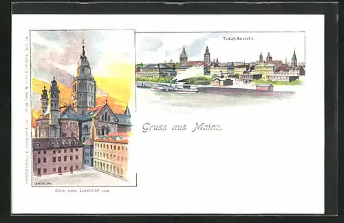 Lithographie Mainz, Totalansicht, Dom vom Leichhof gesehen