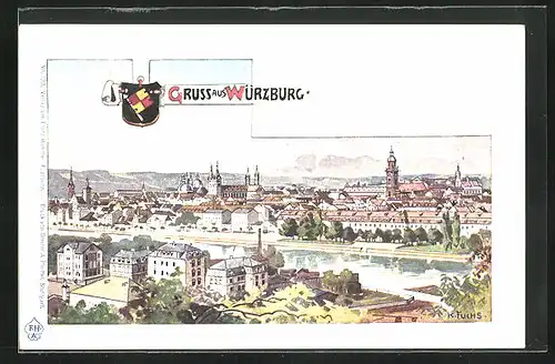 Künstler-AK Würzburg, Stadtwappen, Teilansicht mit Main