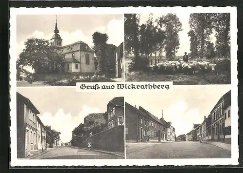 AK Wickrathberg, Kirche, Strassenpartie, Hirte mit seinen Schafen