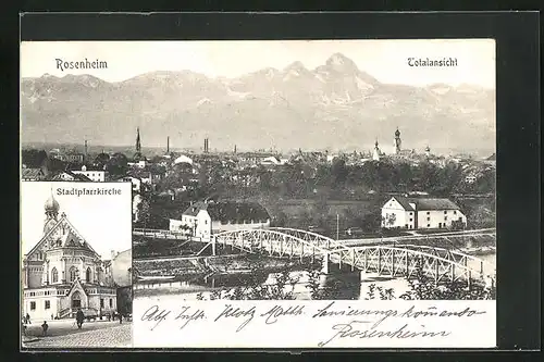 AK Rosenheim, Totalansicht mit Brücke, Stadtpfarrkirche