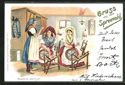 Lithographie Damen in Trachten aus dem Spreewald mit Spinnrad
