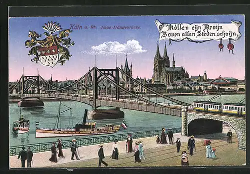 AK Köln, Rheinpartie mit Dampfer, Eisenbahn und Dom