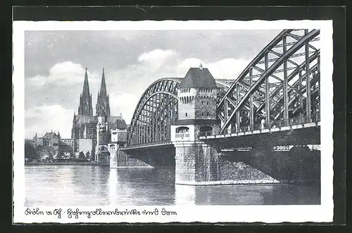 AK Köln, Hohenzollernbrücke mit Dom