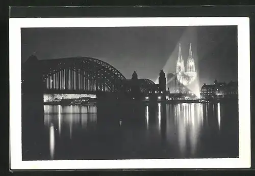 AK Köln, nächtlicher Rhein mit beleuchtetem Dom