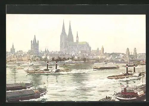 Künstler-AK Köln, Dampfer auf dem Rhein
