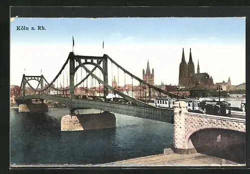 AK Köln, Partie am Rhein mit Dom und Hängebrücke