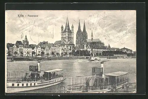 AK Köln, Panorama mit Dom und Dampfern