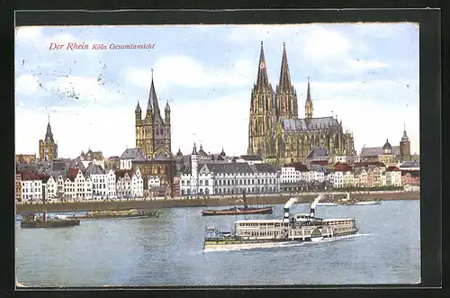 AK Köln, Gesamtansicht mit St. Martin und Dampfern