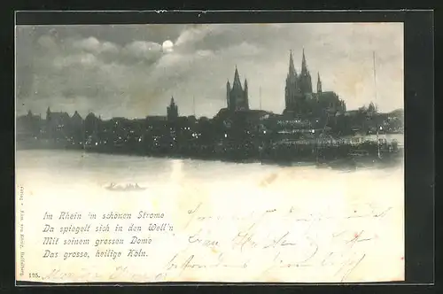 Mondschein-AK Köln, Partie der Stadt mit Dom bei Vollmond