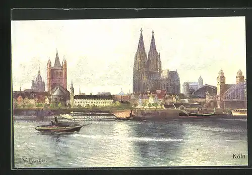 Künstler-AK Köln, Flusspartie mit Dom und Schiffen