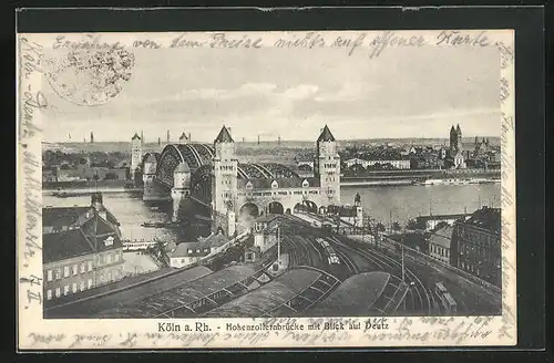 AK Köln, Hohenzollernbrücke mit Blick auf Deutz