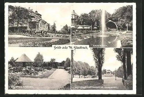 AK Mönchengladbach, Kaiser Friedrich Halle, Hohenzollernallee m. Ehrendenkmal, Bunter Garten