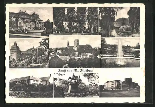 AK Mönchengladbach, Bismarck-Denkmal auf dem Kaiserplatz, Kaiserpark mit Wasserspiel