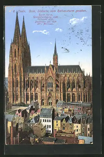 AK Köln, Dom, Südseite, vom Rathausturm gesehen