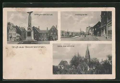 AK Giesenkirchen, Marktpartie, Kriegerdenkmal, Blick zur Kirche