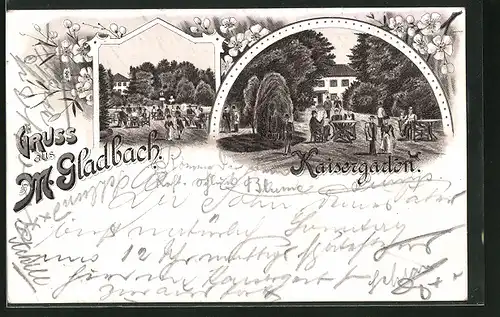 Lithographie Mönchengladbach, Gasthaus Kaisergarten, Gäste im Garten