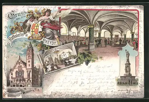 Lithographie Rheydt, Gasthaus Rathskeller, Hohenzollernbrunnen