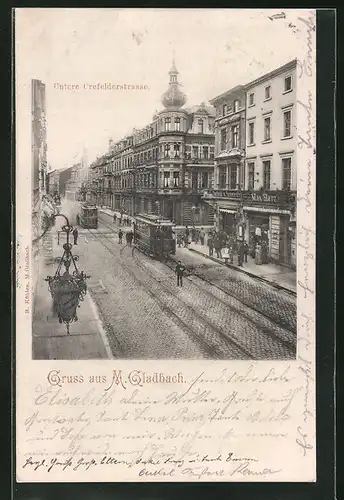 AK Mönchengladbach, Untere Crefelderstrasse mit Strassenbahn