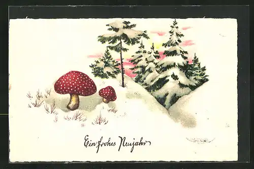 Künstler-AK Neujahrsgruss, Fliegenpilze im Schnee
