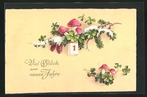 Künstler-AK Neujahrsgruss, Tannenzweig, Fliegenpilze, vierblättrige Kleeblätter