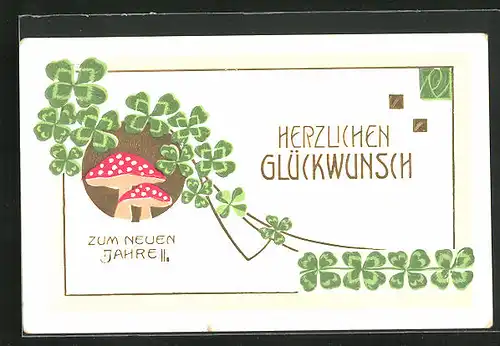 Künstler-AK Neujahrsgruss, Glücksklee, Fliegenpilze