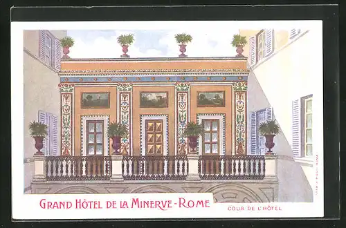 Lithographie Roma, Grand Hotel de la Minerve, Cour de L`Hotel