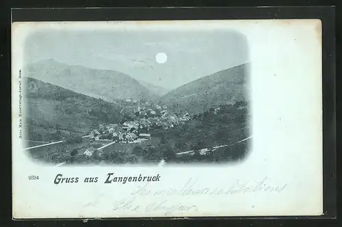 Mondschein-AK Langenbruck, Ortsansicht bei Nacht