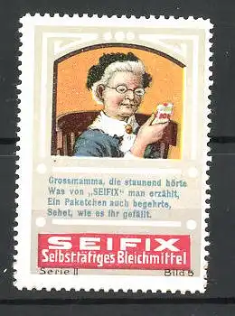 Reklamemarke Seifix selbsttätiges Bleichmittel, alte Hausfrau mit Schachtel, Serie II, Bild 5