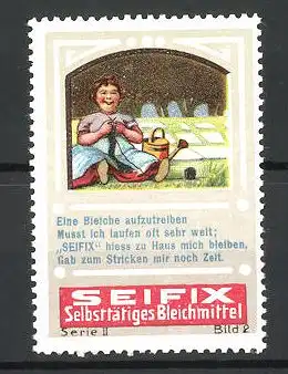 Reklamemarke Seifix selbsttätiges Bleichmittel, Hausfrau strickt, Serie II, Bild 2
