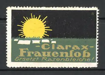 Künstler-Reklamemarke Clarax-Frauenlob ersetzt Rasenbleiche!, Sonnenaufgang an einer Wiese