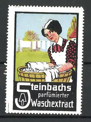 Reklamemarke Steinbach's parfümierter Waschextract, Hausfrau mit Wäschekorb