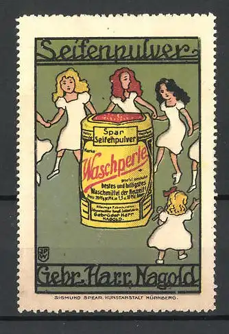 Künstler-Reklamemarke Johann Peter Werth, Seifenpuler Waschperle, Gebr. Harr, Nagold, tanzende Mädchen
