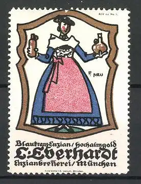 Künstler-Reklamemarke Paul Neu, Blaukranz-Enzian / Hochalmgold, Enzianbrennerei L. Eberhardt, Bild 1