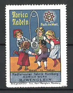 Reklamemarke Norica Nadeln sind hoch im Wert, Norica-Werk H. J. Wenglein, Nürnberg, tanzende Kinder mit Sicherheitsnadel