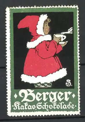 Künstler-Reklamemarke Sigmund von Suchodolski, Berger Kakao & Schokolade, Mädchen im Mantel mit heissem Kakao