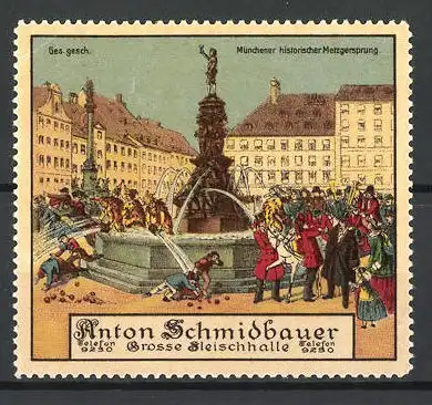 Reklamemarke München, historischer Metzgersprung, Anwohner am Brunnen, Anton Schmidbauer