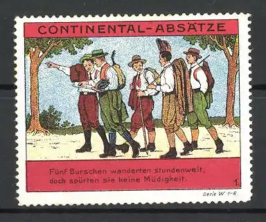 Reklamemarke Continental-Absätze, Burschen bei einer Wanderung, Bild 1