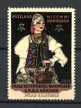 Künstler-Reklamemarke Russin im Trachtenkleid, Franz Kathreiners München, Atlas-Salatöle