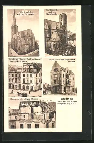 AK Düsseldorf-Bolk, Unwetter-Zerstörungen 1924, Martinskirche vor der Zerstörung, beschädigtes Haus