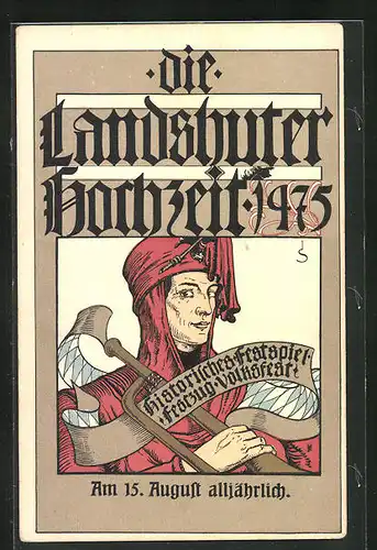 Künstler-AK Landshut, Landshuter Hochzeit 1475, historisches Festspiel, Narr mit Fanfare
