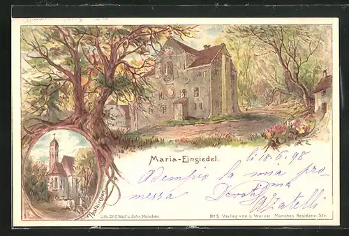 Lithographie Maria Einsiedel, Thalkirche, Gebäude im Wald