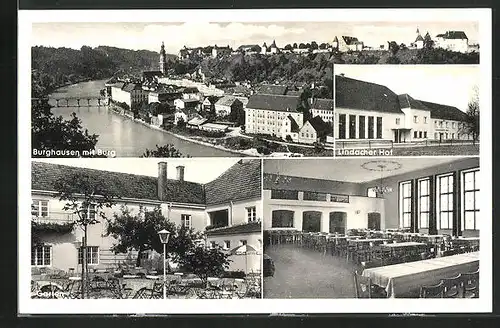 AK Burghausen, Hotel Lindacher Hof, Garten- und Innenansicht, Gesamtansicht der Stadt