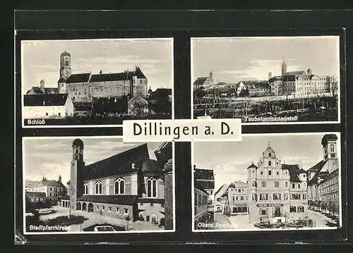 AK Dillingen a. D., Stadtpfarrkirche, Obere Apotheke, Schloss, Taubstummenanstalt