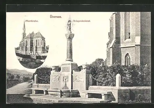 AK Übersee, Pfarrkirche, Kriegerdenkmal