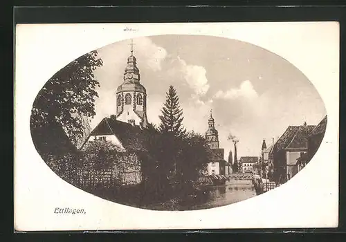 AK Ettlingen, Kanalpartie am Kirchturm