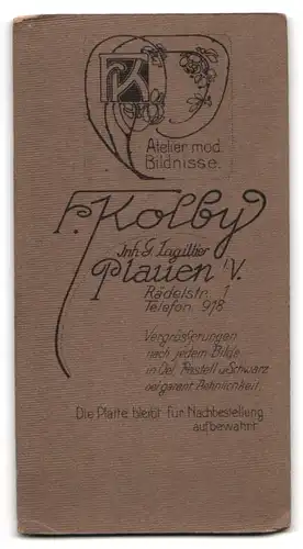 Fotografie F. Kolby, Plauen i. V., Rädelstr. 1, Portrait bildschönes Fräulein im Kleid