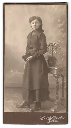 Fotografie Atelier Walbrecker, Zittau, Theodor-Körner-Allee, Portrait dunkelhaariges Fräulein mit Buch im Kleid