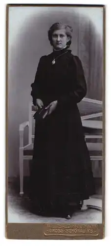 Fotografie Willibald Hartmann, Gross-Schönau i. S., Portrait schöne junge Frau mit Buch im eleganten Kleid