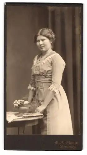 Fotografie M. B. Schultz, Flensburg, Portrait bildschönes Fräulein im bestickten Kleid