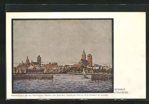 Künstler-AK Stralsund, Panorama mit Hafeneinfahrt